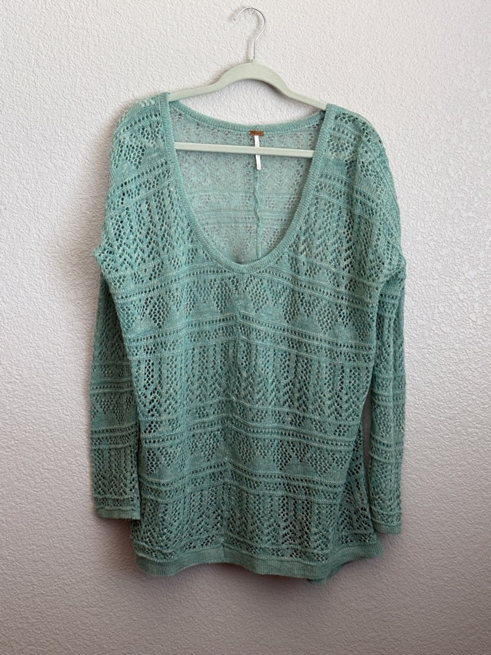 Free People Mint Open-Knit V-Neck Tunic Sweater